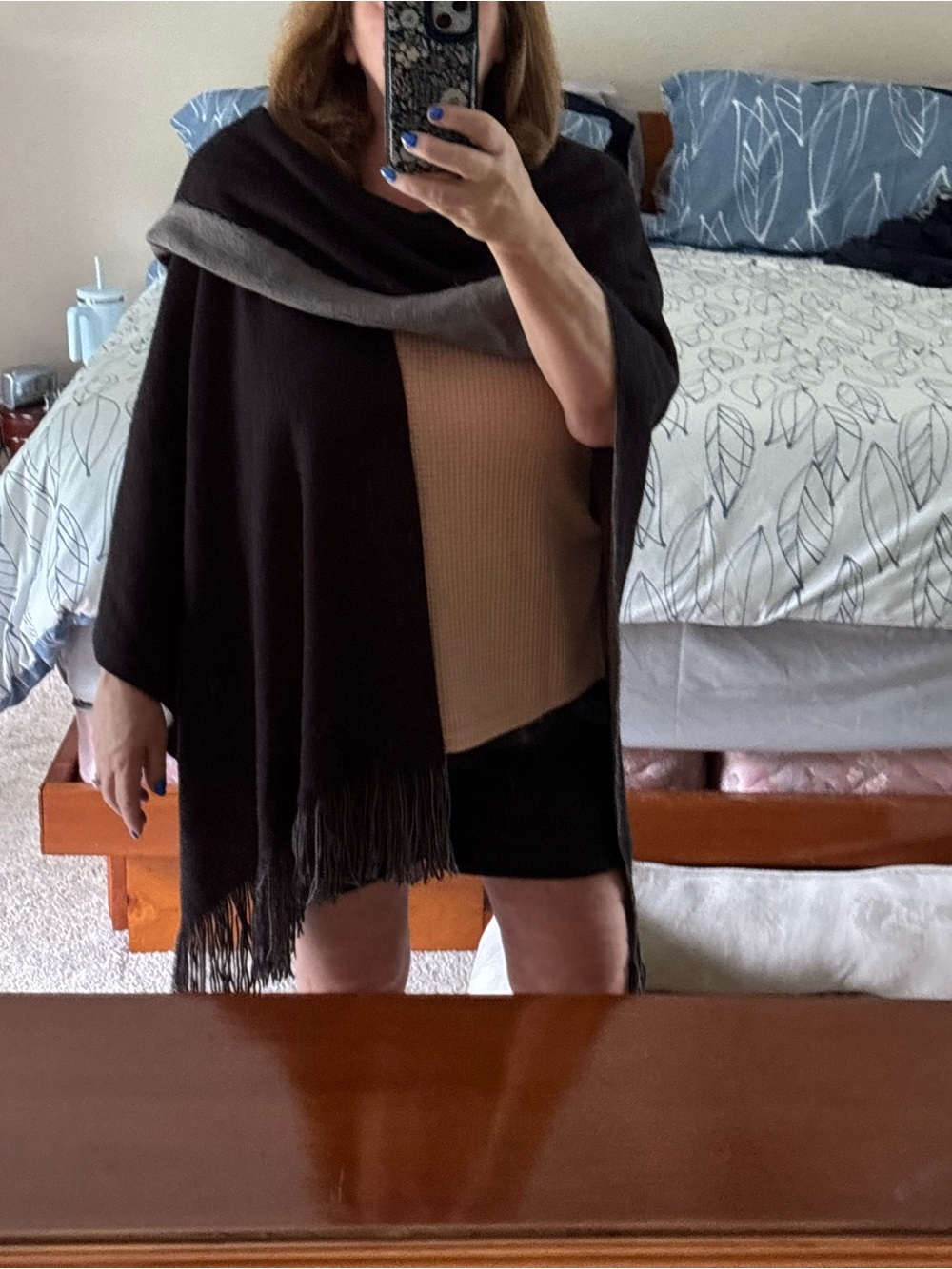 Reversible Black & Gray Fringe Wrap Shawl